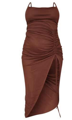 Pretty Little Thing Maternity Dress Womens 2 Brown Ruched Side Split Midi