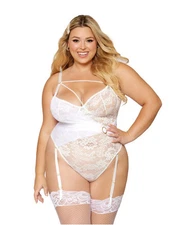 DREAMGIRL Floral Lace Garter Teddy With Asymmetrical Strappy Details PLUS 3XL
