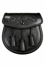 Black Leather Double Embossed 3 tassels Kilt Sporran w/Chain and Belt