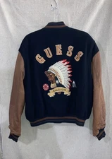 Vintage Men’s Guess Aztec Indian Head Jacket Blue Wool Leather Sleeves Varsity L