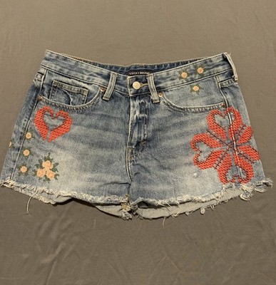 Lucky Brand Shorts Womens 4/27 Blue Mid Rise Boy Short Embroidered Floral Denim