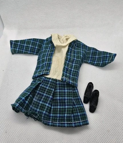 Vintage 1960s  Barbie Clone Dress Blue Green Plaid & Black Pumps