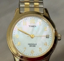 Womens Timex Indiglo WR 30M MOP Dial Gold Two Tone Date Watch Working