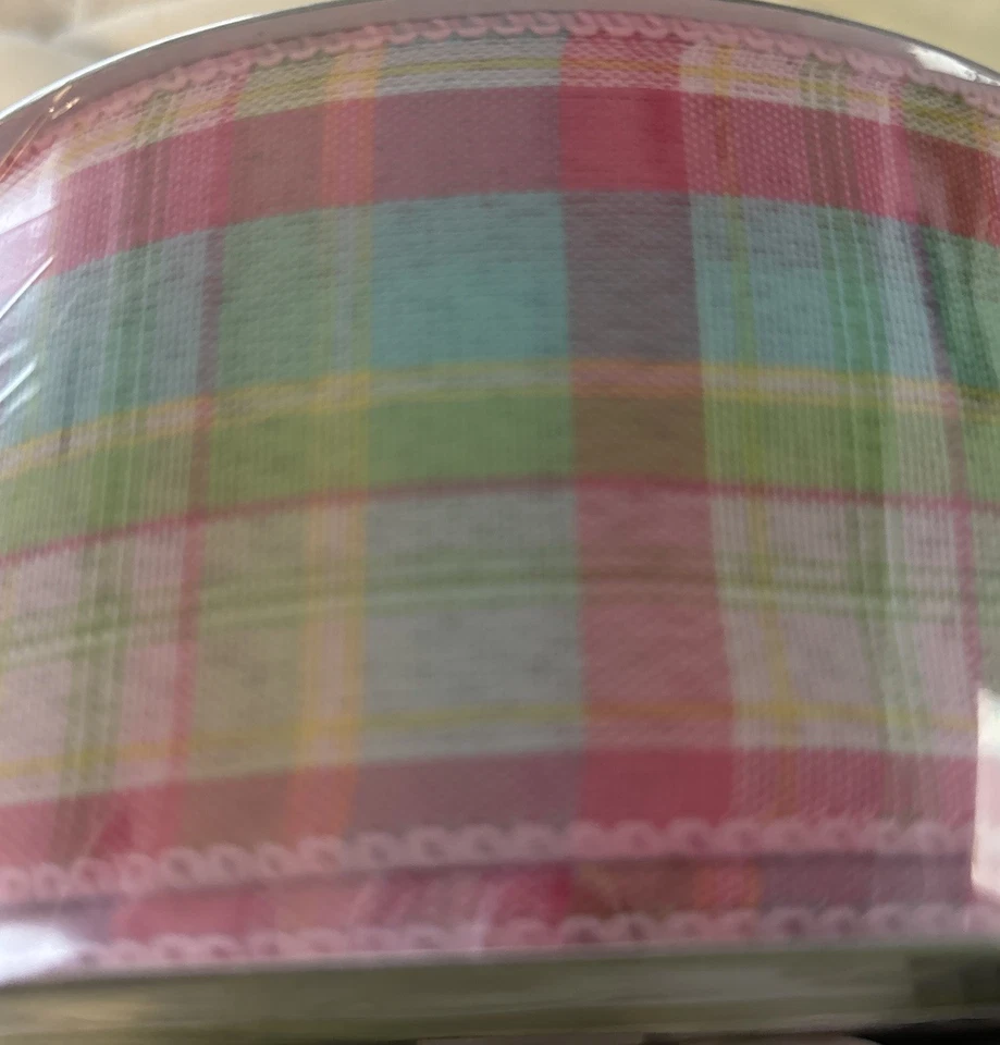 Beautiful New 5 YARDS Pink/ Blue Pastel  PLAID WIRE EDGE RIBBON  2 1/2" Wide - Image 2 of 3