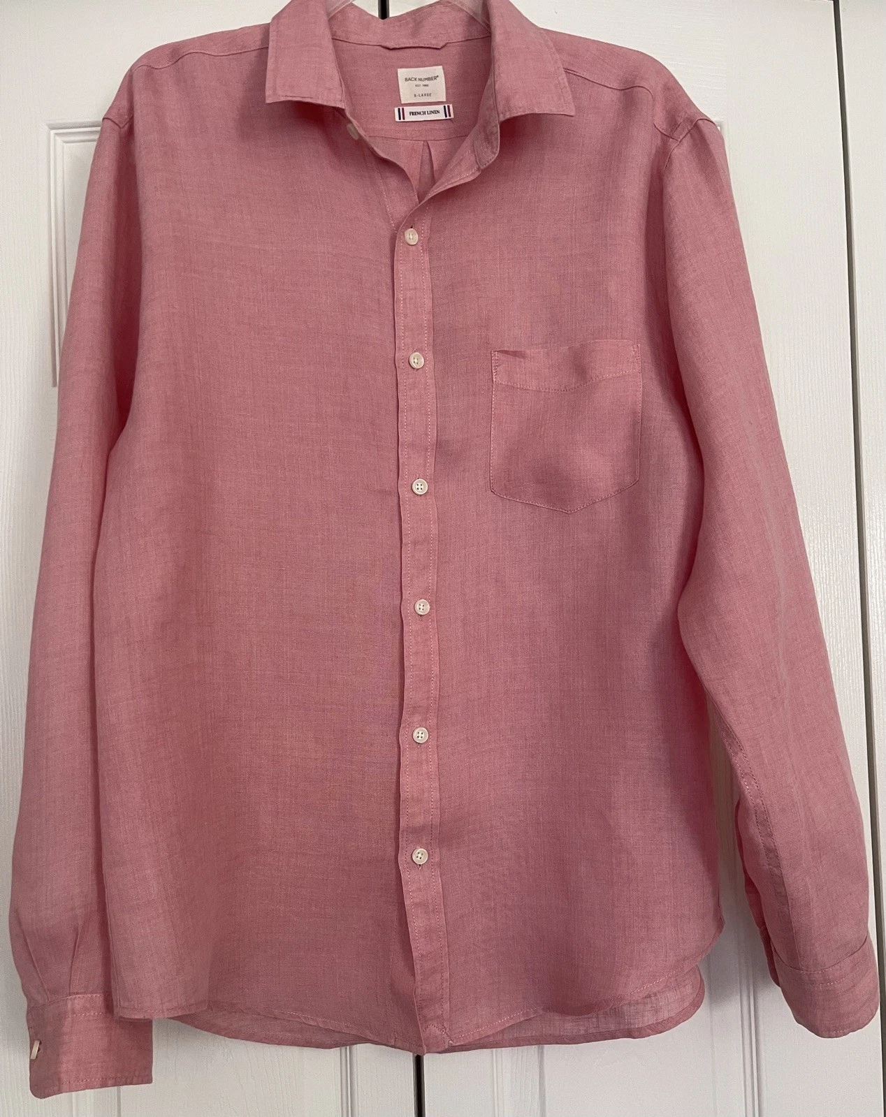 BACK NUMBER MENS XL (US L) CORAL PINK FRENCH LINEN SHIRT COASTAL CASUAL, RESORT