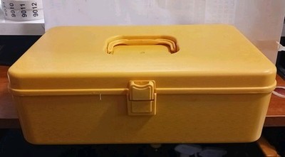 Vintage Yellow Plastic Sewing Box Loaded Thread Spools Needles Notions Kit