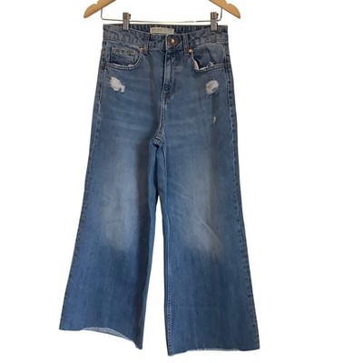 Zara Basic Z1975 Denim Wide Leg Distressed Raw Hem Jeans Blue Size 2