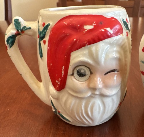 Vintage Set Of 2 MCM Winking Santa Claus Christmas Mugs 1960s Blinking Eye 3” - Picture 10 of 11