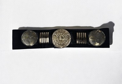 VTG Stretch Belt Black Gold Size S Medallion Floral 