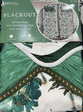 Green and Gold Blackout Design Window Panels With Attached Beaded Valance