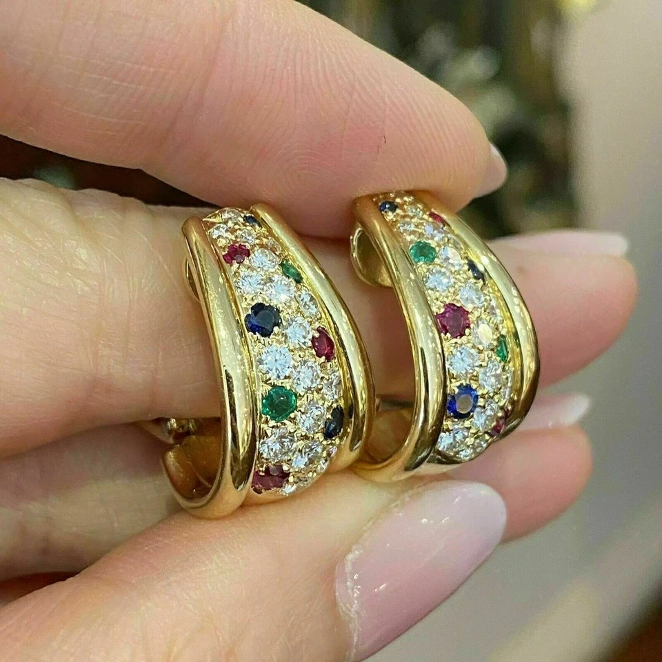 2Ct Round Cut Lab Created Diamond Cluster Huggie Earrings 14K Yellow Gold Plated - Image 2 of 3