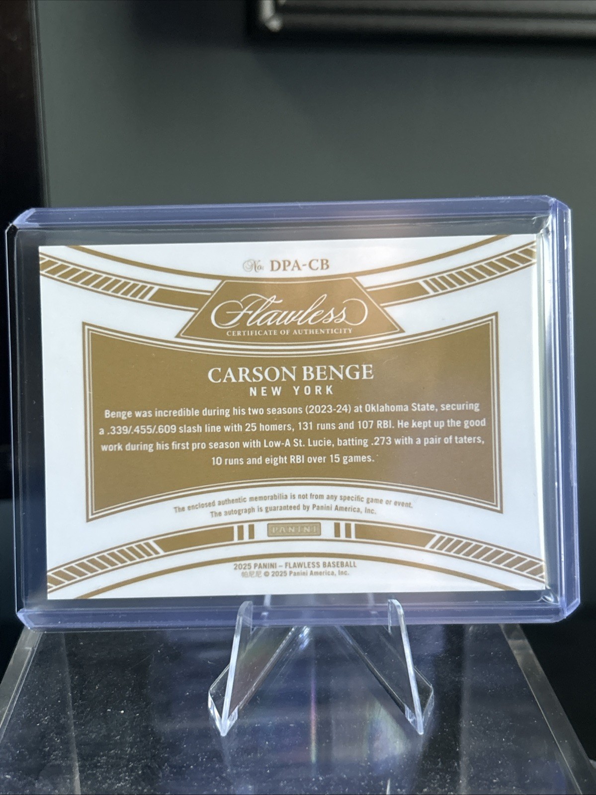 2025 Panini Flawless Carson Benge Draft Patch Auto #/25 Mets view 6