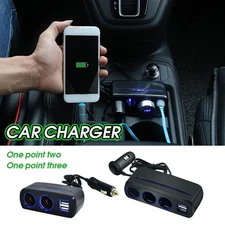 Car 3 Point Cigarette Lighter Socket Dual USB Charger Splitter Power Adapters)
