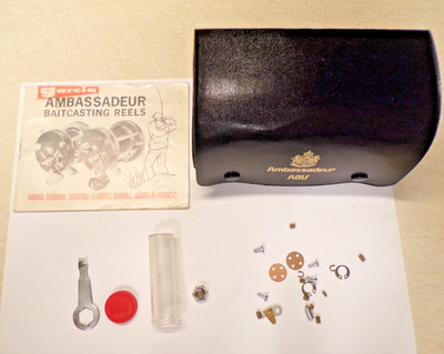 VINTAGE ABU GARCIA AMBASSADEUR FISHING REEL LEATHER CASE, PART TUBE, ECT. - 6000