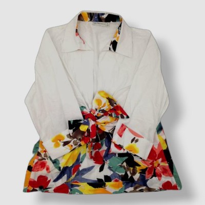 Neiman Marcus Women White Long Sleeved Floral Print Tie-Front Blouse Top Size S