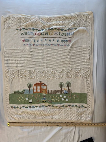 Ralph Lauren Crib Knit Baby Blanket Vintage Farm Pictorial ABC 123 Beige 34x28”  - product listing photo