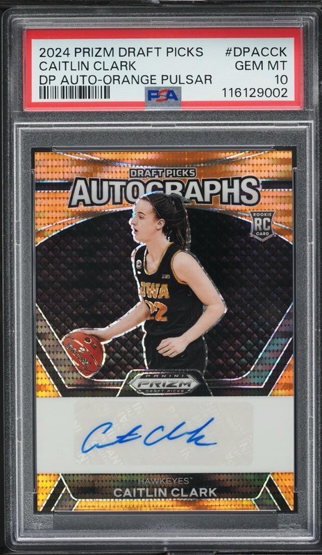 2024 Panini Prizm Draft Picks Caitlin Clark Rookie Orange Pulsar Auto /49 PSA 10