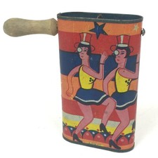 Pre-War Japan Tin Ratchet Noisemaker- Vintage Cabaret Dancers