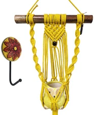 Vibrant Yellow Handcrafted Macramé Hanging Plant Hanger w/ Ceramic Owl Planter