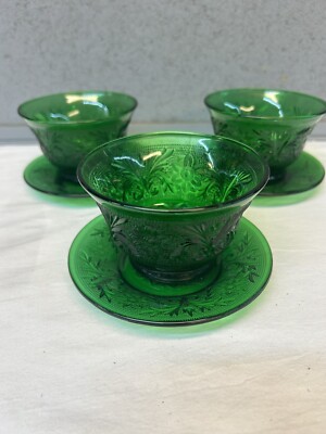 Three Vintage Anchor Hocking Green Sandwich Custard / Dessert Cups with Plates