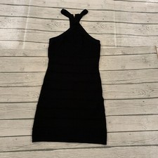 Tricot Joli Womens Small Dress Black Bodycon Gold Back Zip Mini Cold Shoulder