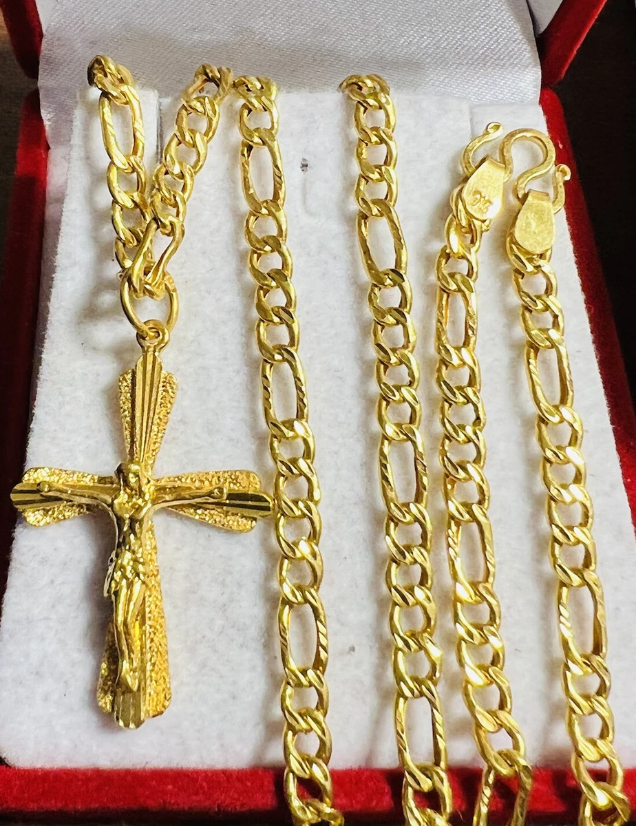 22K Yellow Real Saudi Gold 916 Cross Mens Women s Necklace 22 Long 4mm 13.8g