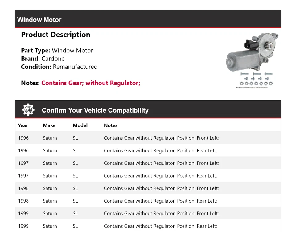 Для 1996-1999 Saturn SL оконный мотор Cardone 1997 1998 - Изображение 2 из 4