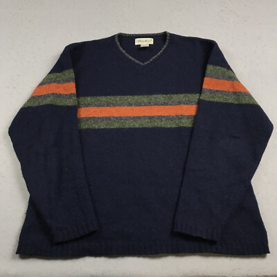 VINTAGE Eddie Bauer Sweater Mens Medium Blue Wool Striped V Neck