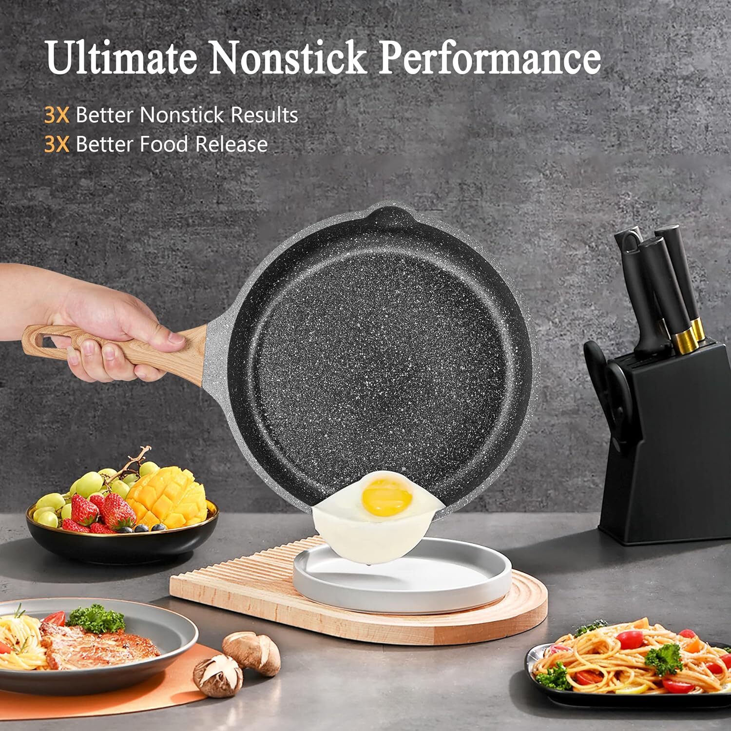 Non Stick Frying Pan Set Granite Skillet Set with 100 PFOA & PTFE Free