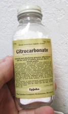 vintage Citrocarbonate Glass bottle, still full, Upjohn 2 oz, #3245, Kalamazoo