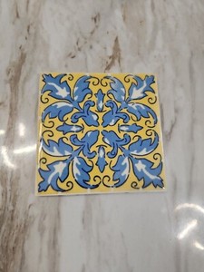 Rare Vintage DAL-TILE Mexican 4.5 x4 Tile Hand Painted Mustard/Blue Replacement
