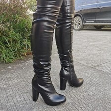 FASHION Women Knee High Heels Boots Chunky Heels Side Zip Boots Faux Leather