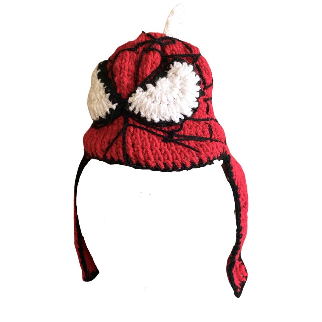 Spider-Man Crocheted Beanie Youth 6-8 Years Handmade Ear Flaps