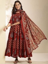 Women's Pure Cotton Block Hand Print Maroon Anarkali Kurta Set with Dupatta Eid