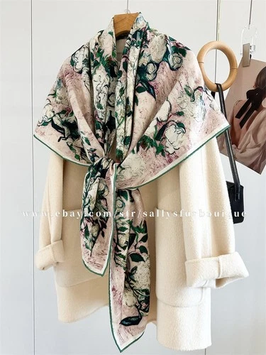 Sallys Boutique 70% Cashmere 30% Silk Wrap Scarf Flowers Print 2 Face Shawl 53"