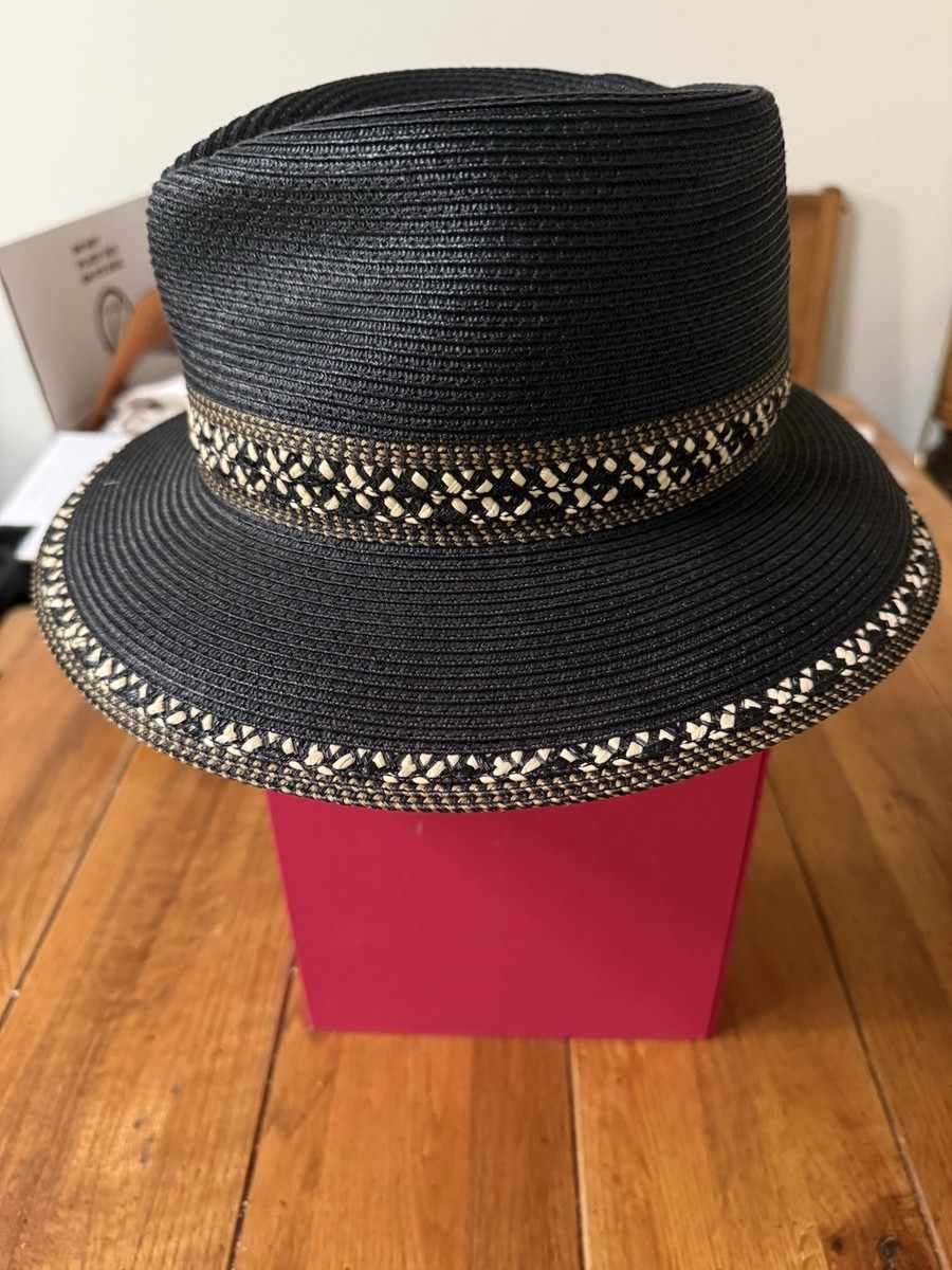 Eric Javits Black Straw Fedora with Natural Trim packable Eric Javits Straw Hat w Grosgrains Black Ribbon Trim & Bow  main image 4