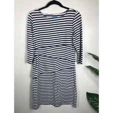 J. Mclaughlin Dress Women's M 3/4 Sleeve Navy White Stripe Coastal Nautical Prep