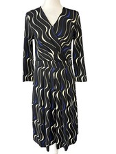 Talbots Wrap Dress Womens 6 Black Stripe V Neck 3/4 Sleeve Knee Length Stretch