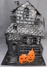 Halloween Haunted House Leaning Tea Light Candle Holder w/Bats & Pumpkins 2006