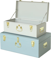 Decorative Large Metal Box Storage Trunk Chest Set of 2 College Dorm Organizer w