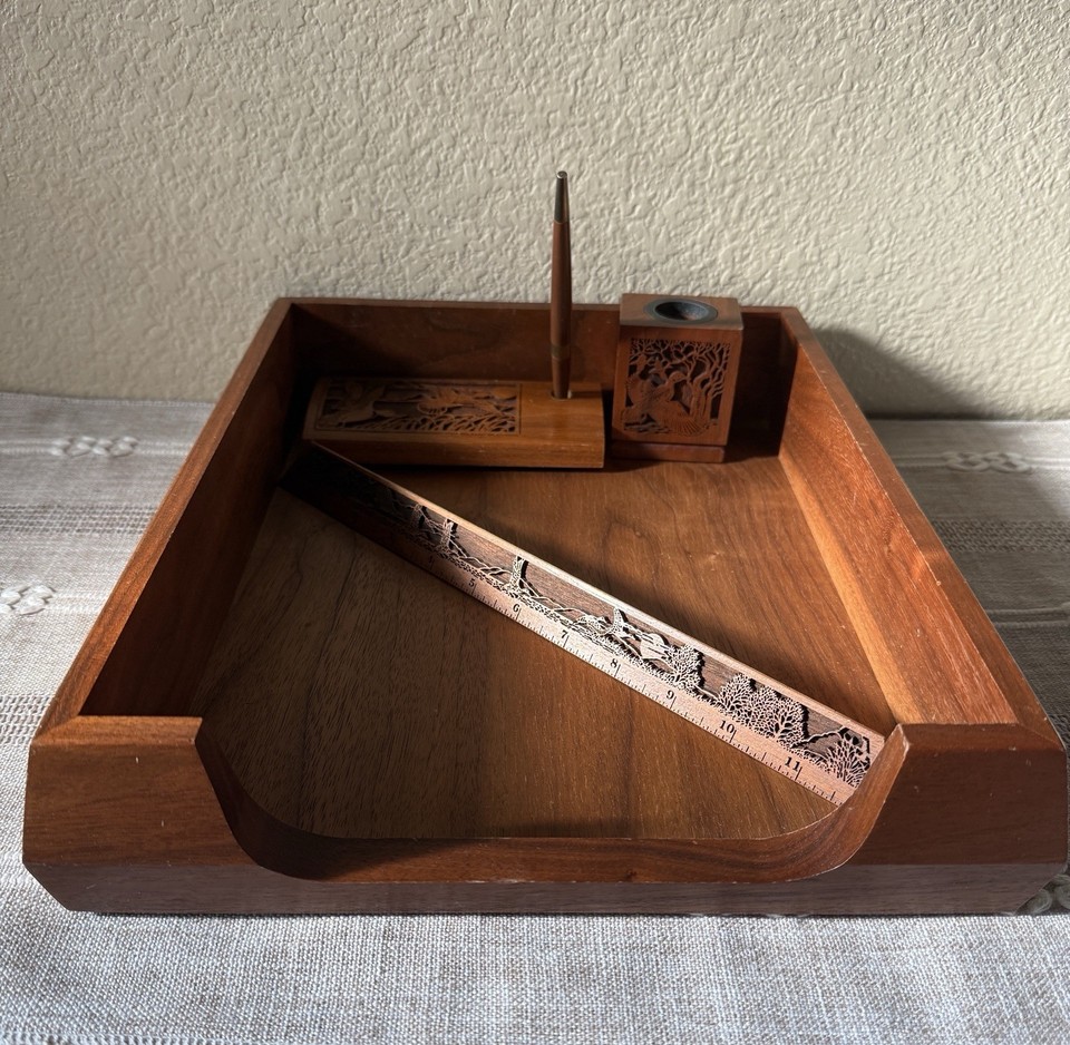 Mid-Century Modern Vintage Solid Walnut Desk Accessory Set