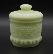 Vtg Fenton Art Glass Custard Satin Glass Grape Tobacco Jar Canister & Lid GLOWS