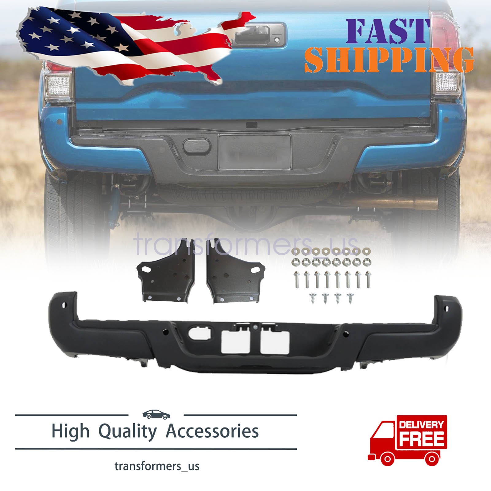 Rear Step Bumper Assembly Black With Sensor Holes For Toyota Tacoma 2016-2023
