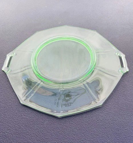 Vtg Green Octagon 2 Handled 12” Serving Platter Vaseline Glass?