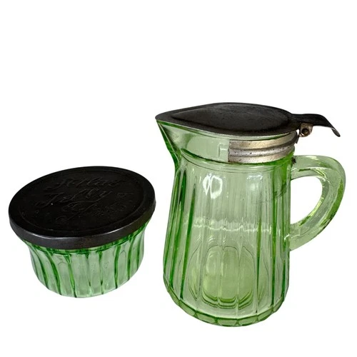 Hazel Atlas Green Uranium Depression Vaseline Glass Syrup Pitcher Jelly Jar Rib
