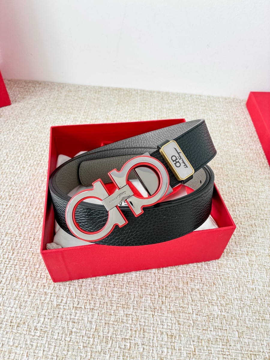 Salvatore Ferragamo レザー ベルト 赤黒 レッド Salvatore Ferragamo Men's Belt Silver with Red Edge Accent (Black
