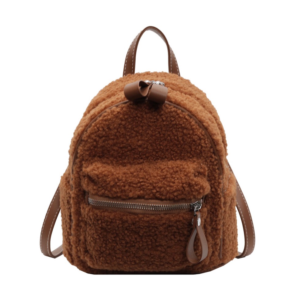 Women Plush Backpack with MultiPockets Daypack Mini Shoulder Bag Mini