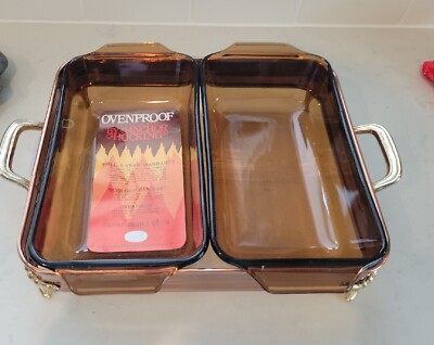 Vintage Anchor Hocking Amber Glass Shallow Loaf Baking Dish Set