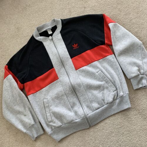 Vtg 80s Adidas Trefoil Track Jacket Full Zip Cotton XL Colorblock Gray Red Black