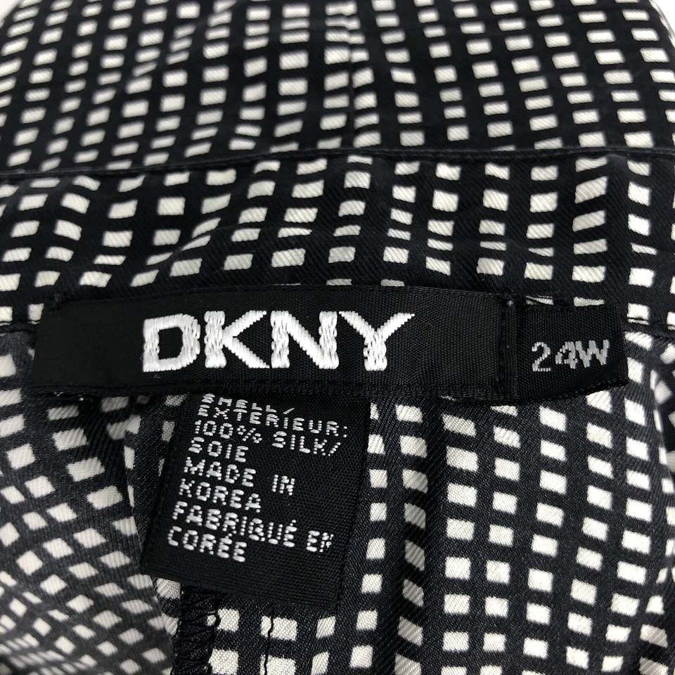 Camisa DKNY Negra Blanca Rectangular Cuadros Oculta Abotonada Seda Blusa 24W Plus Foto 4 de 4
